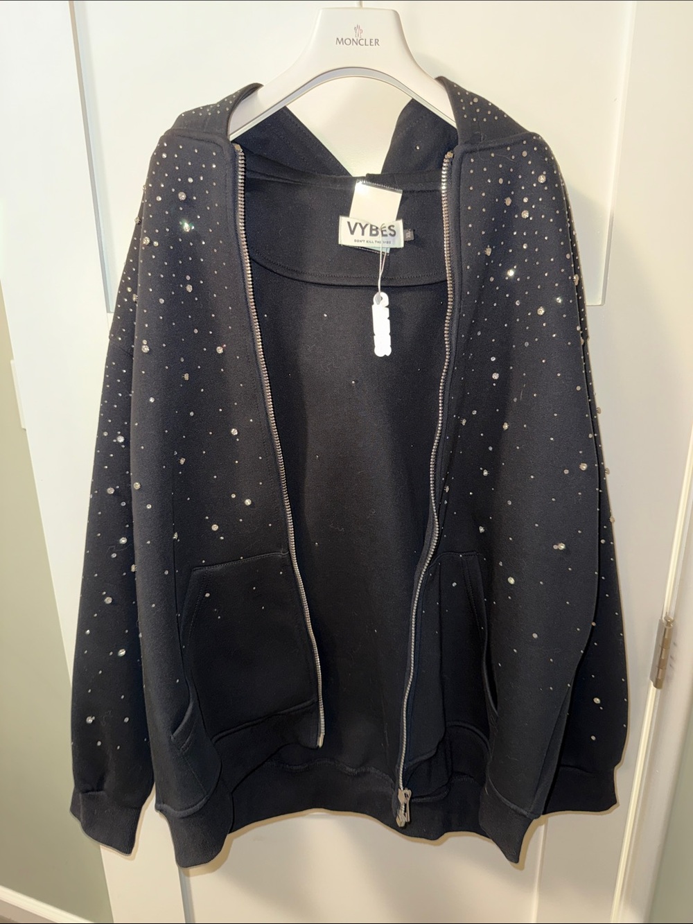 Black Embellished Zip-Front Bomber Hoodie